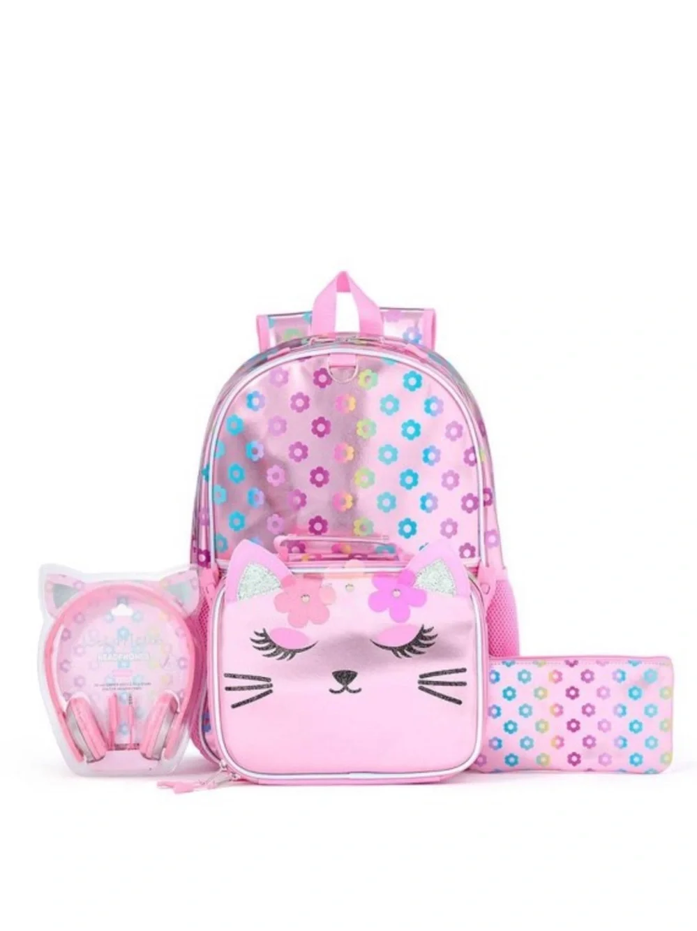 Cat Holographic Kids Backpack Set with lunchbox and headphones NWT